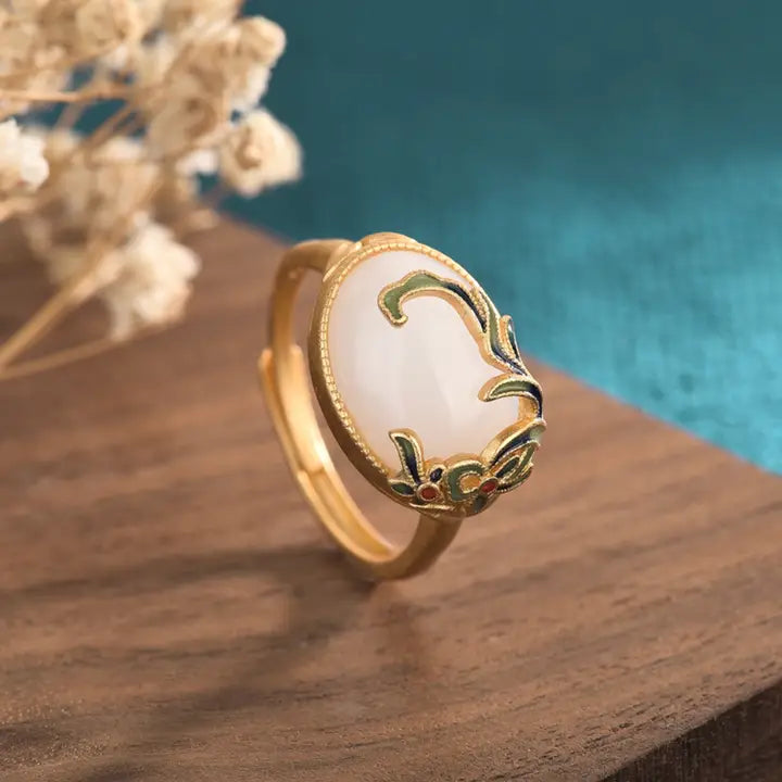 Enamel Leaves Over Jade Ring