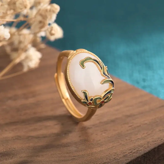 Enamel Leaves Over Jade Ring