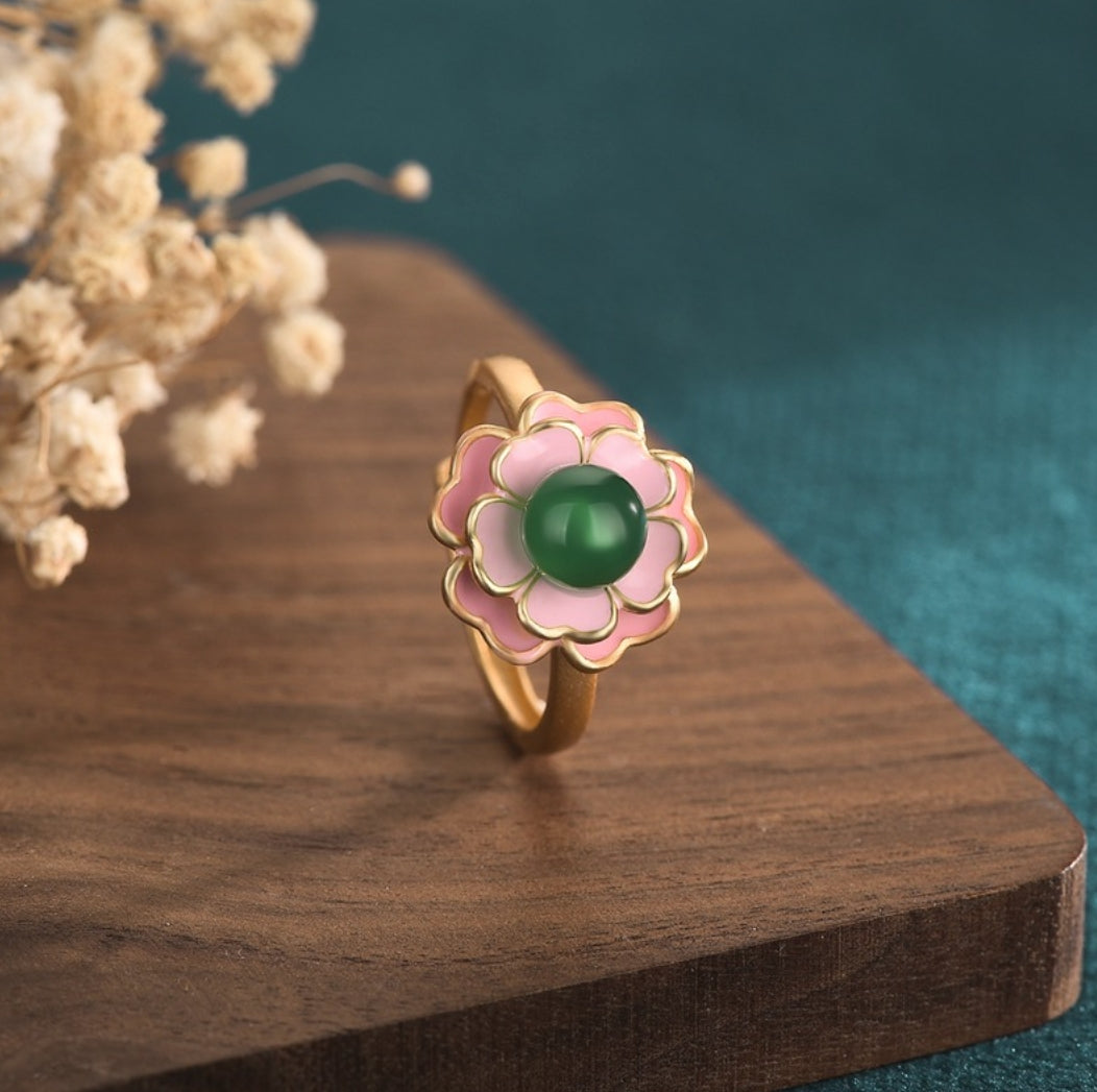 Pink Enamel Flower Open Ring