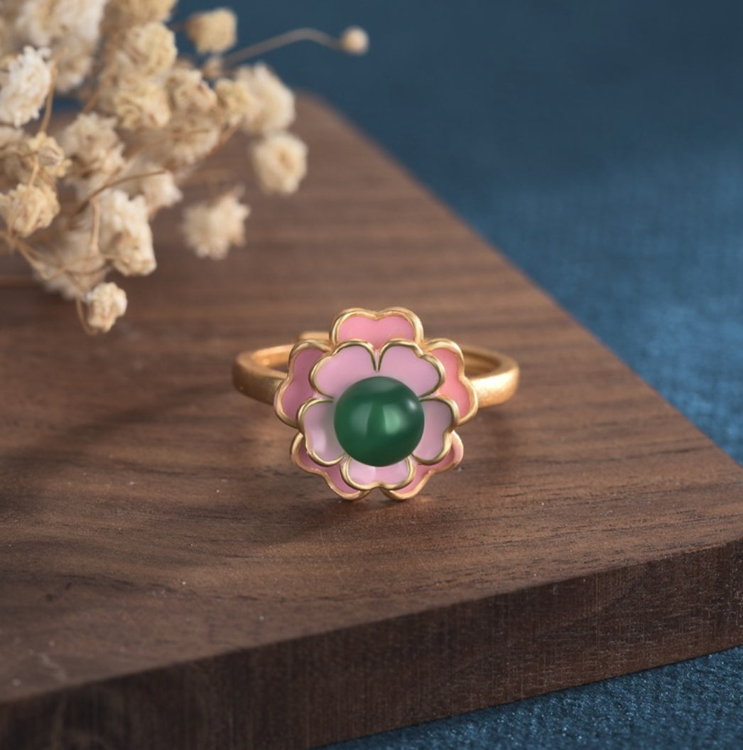 Pink Enamel Flower Open Ring