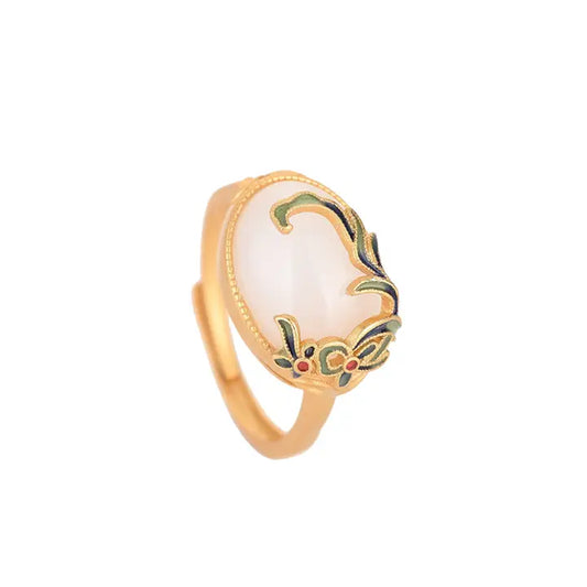 Enamel Leaves Over Jade Ring