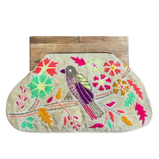 Floral Bird Embroidered Women's Clutch with Wooden Handle