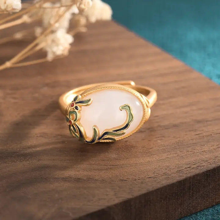 Enamel Leaves Over Jade Ring