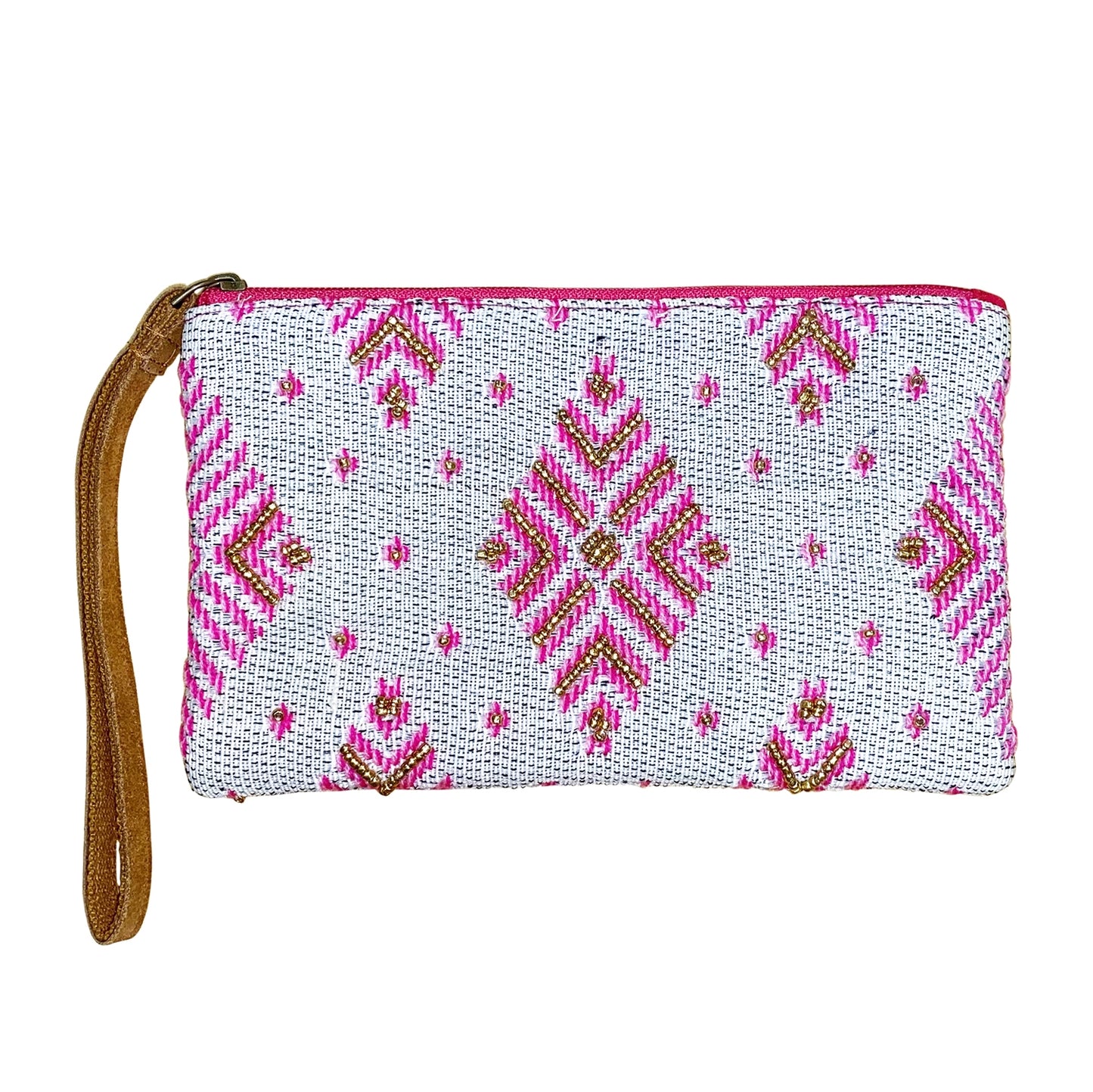 Pink White Diamond Beaded Wristlet