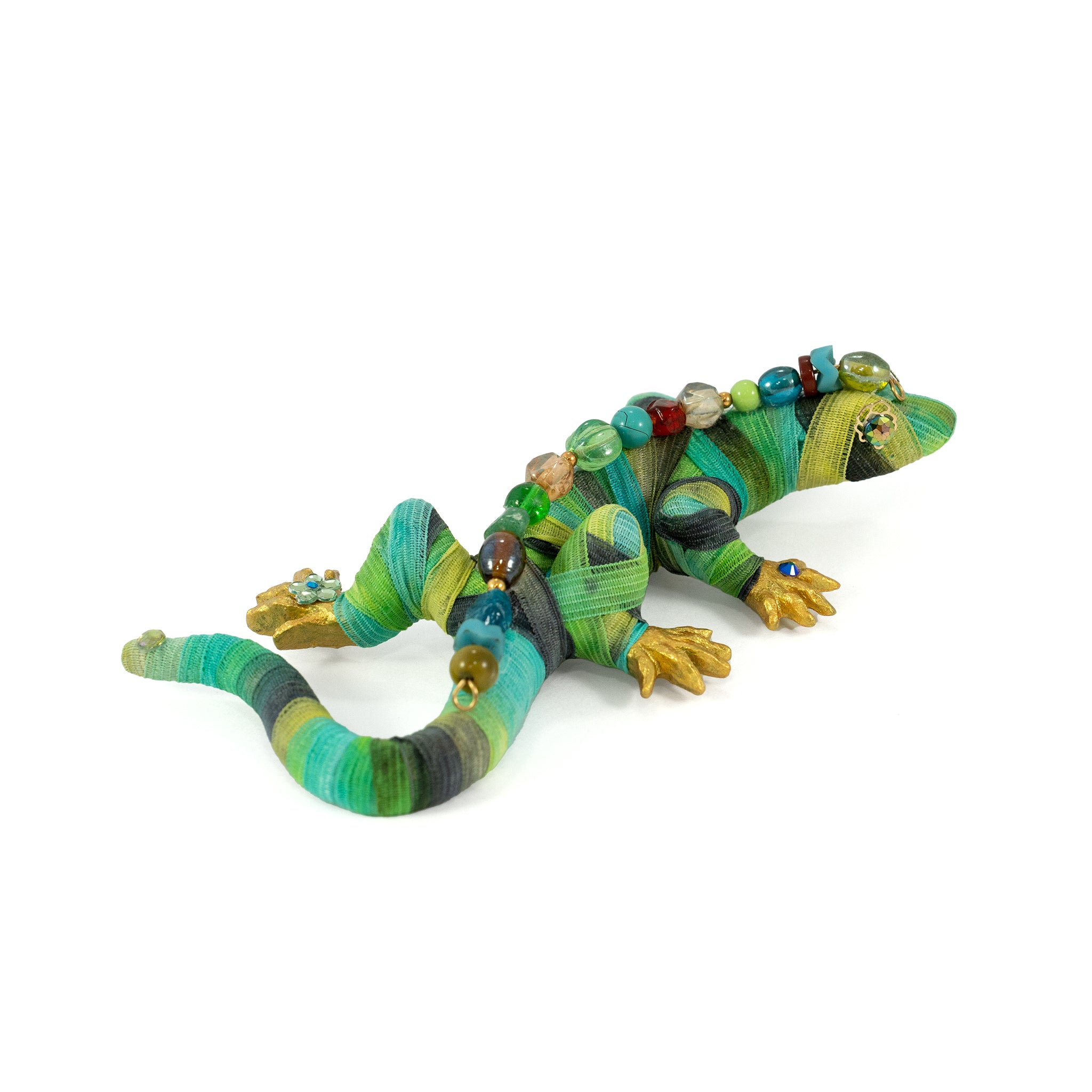 Green and Gold Ribbon Yarn-wrapped Lizard Sculpture with Gems – MADE ...