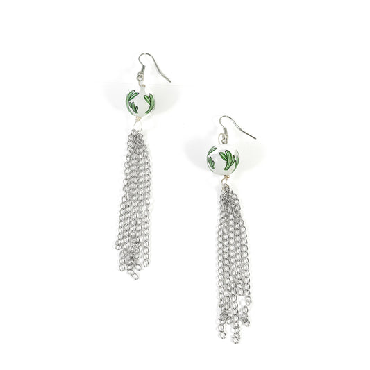 Painted Cactus Bead Earrings with Silver Duster Fringe