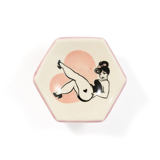 Pink Pin Up Girl Hexagon Shaped Ceramic Ring Dish