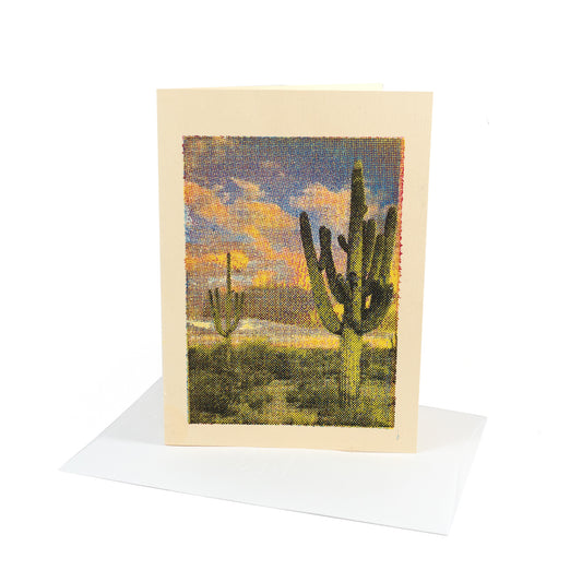 Pop Art Saguaro desert colorful dots linoleum hand-pulled card (Full color)