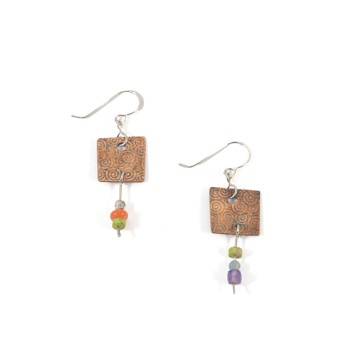 Swirl Textured Copper Square Dangle Earrings with Beads