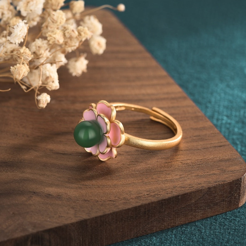 Pink Enamel Flower Open Ring