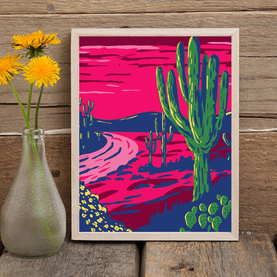 Saguaro At Sunset Whimsical Art Print