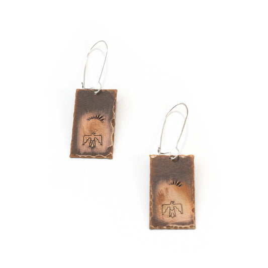 Thunderbird Stamped Copper Rectangle Drop Earrings