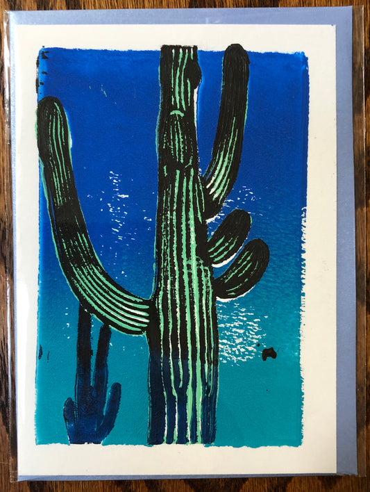 Saguaro Blue Sunset linoleum hand-pulled card