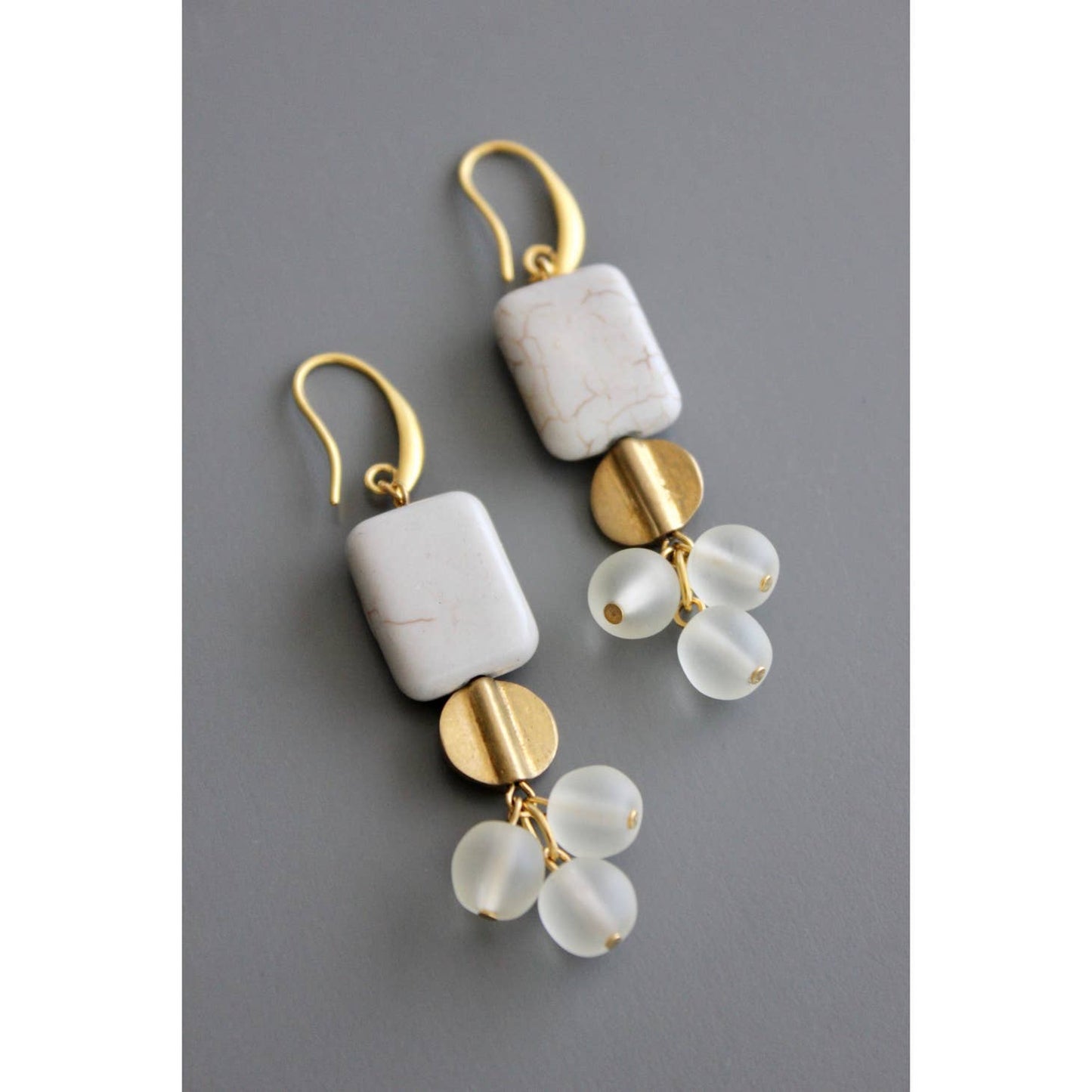 Stone, Brass, and Vintage Glass Cluster Earrings