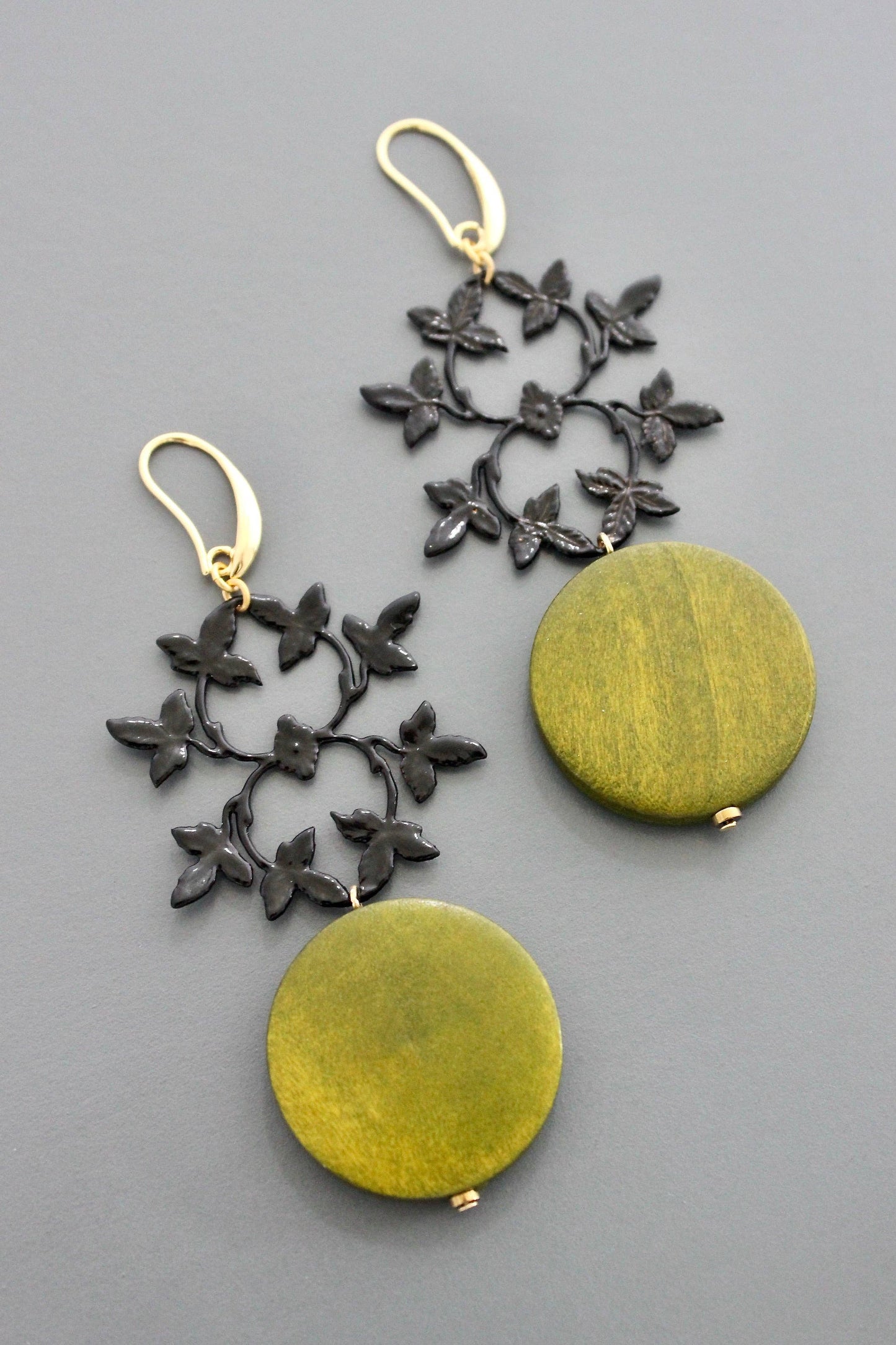 Green and Black Ornate Leaves Earrings